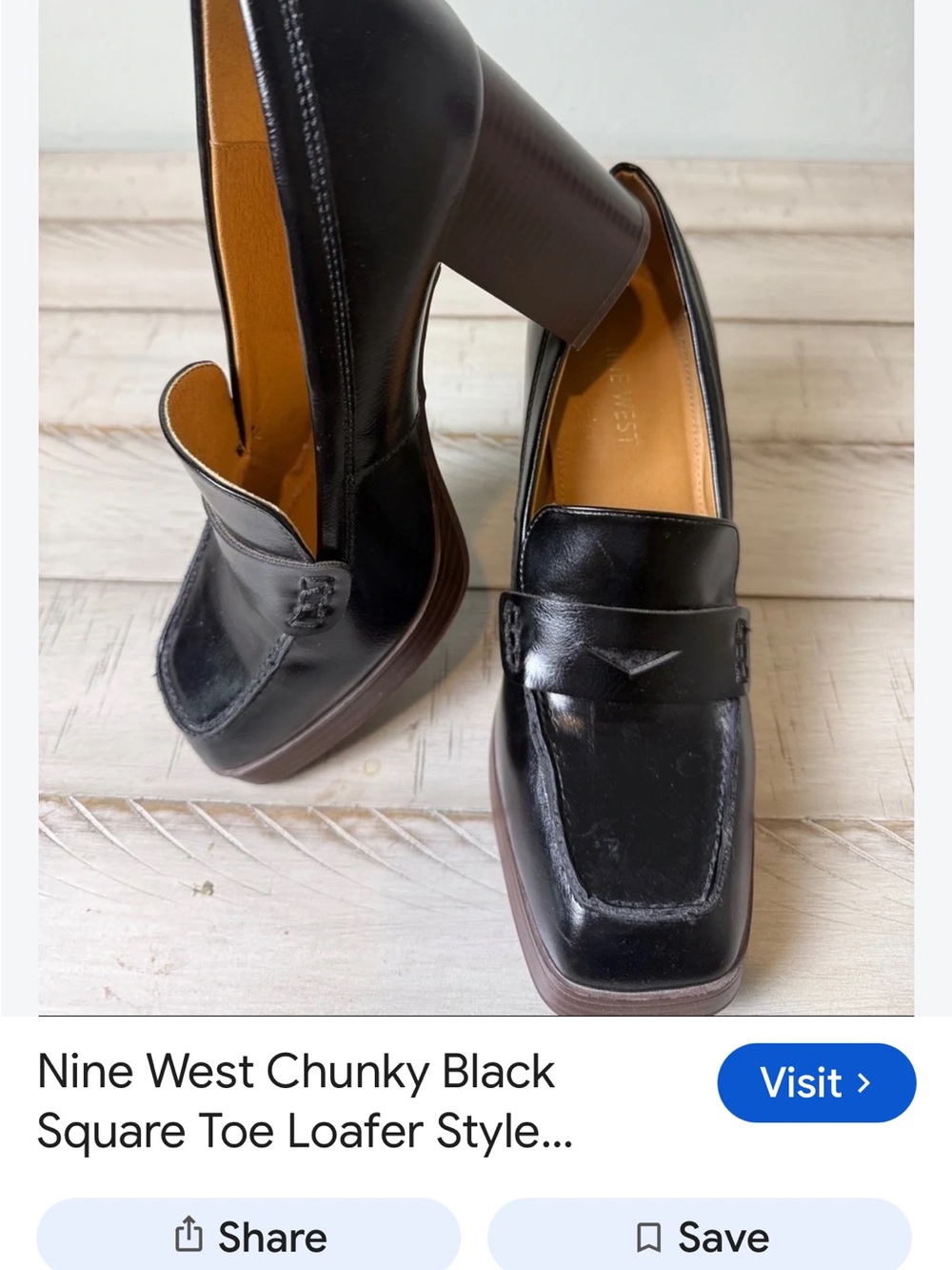 Nine West Black Leather Square-Toe Chunky Heel Loafers